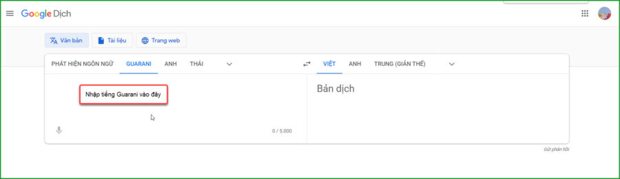Nhap tieng Guarani vao khung dich