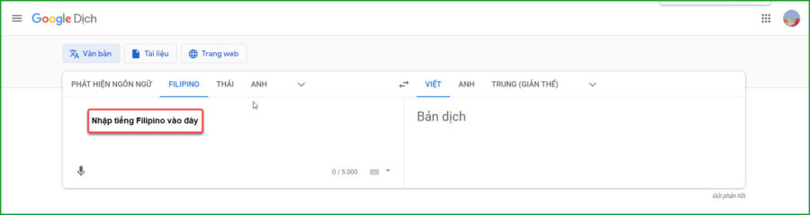 Nhap tieng Filipino vao khung