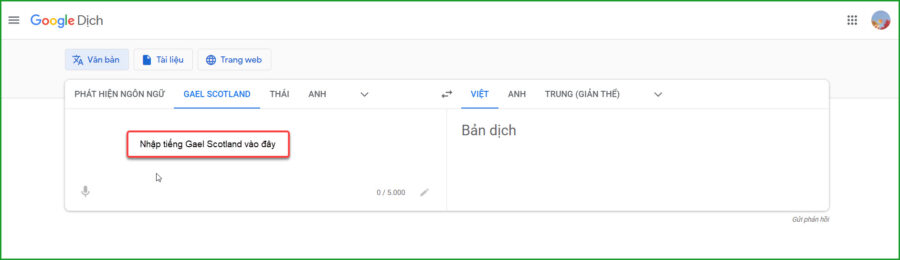 Nhap tieng Gael Scotland vao khung trang 