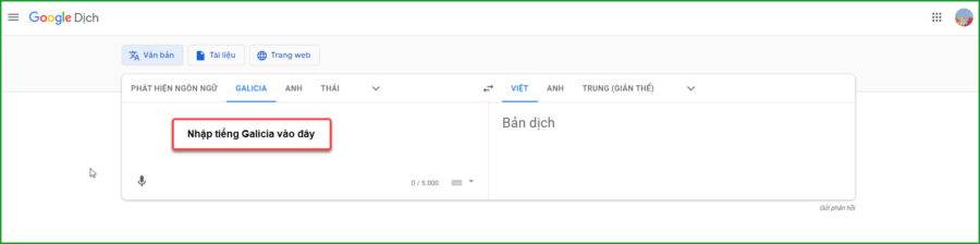 Nhap tieng Galicia vao o trong 