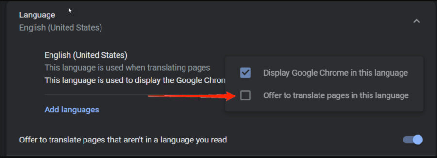 An vao Offer to translate pages in this language