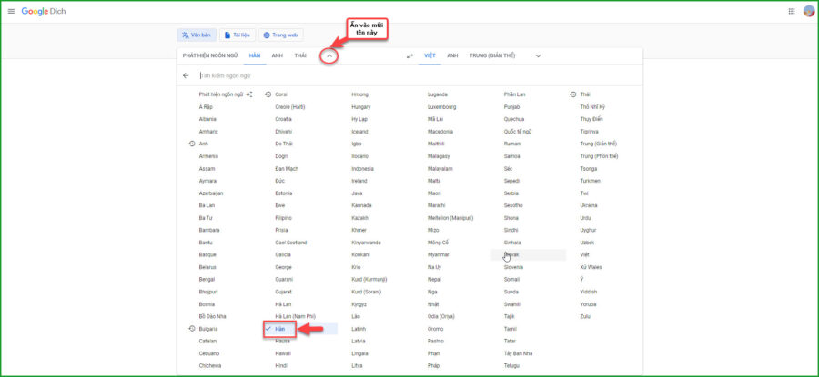Chon tieng Han de google dich sang tieng Viet 