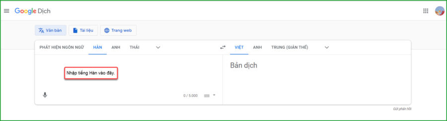 Nhap tieng Han de google dich 