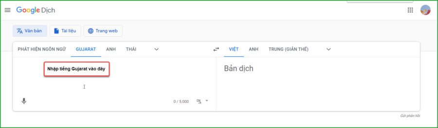 Nhap tieng Gujarat vao de dich