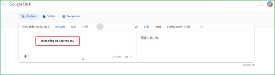 Nhap tieng Ha Lan de google dich 