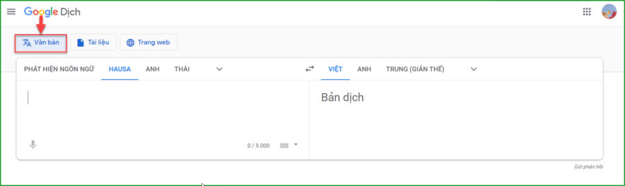 An chon vao o "Van ban" tren giao dien cua google dich