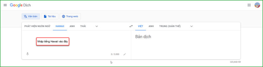 Nhap tieng Hawaii vao khung dich 