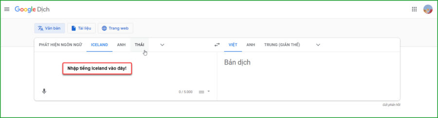 Nhap tieng Iceland vao o dich 