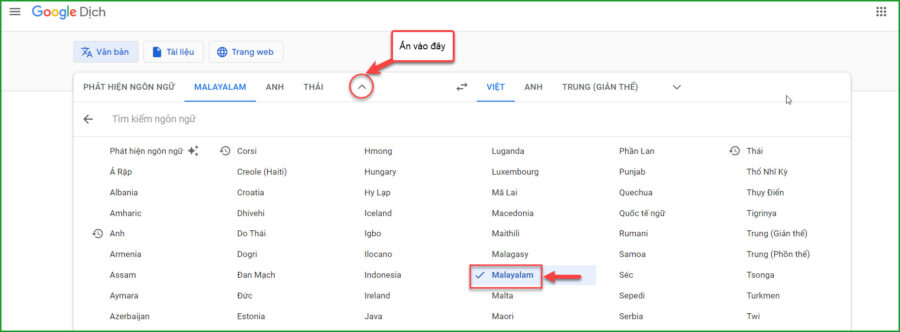 Chon tieng Malayalam de google dich 